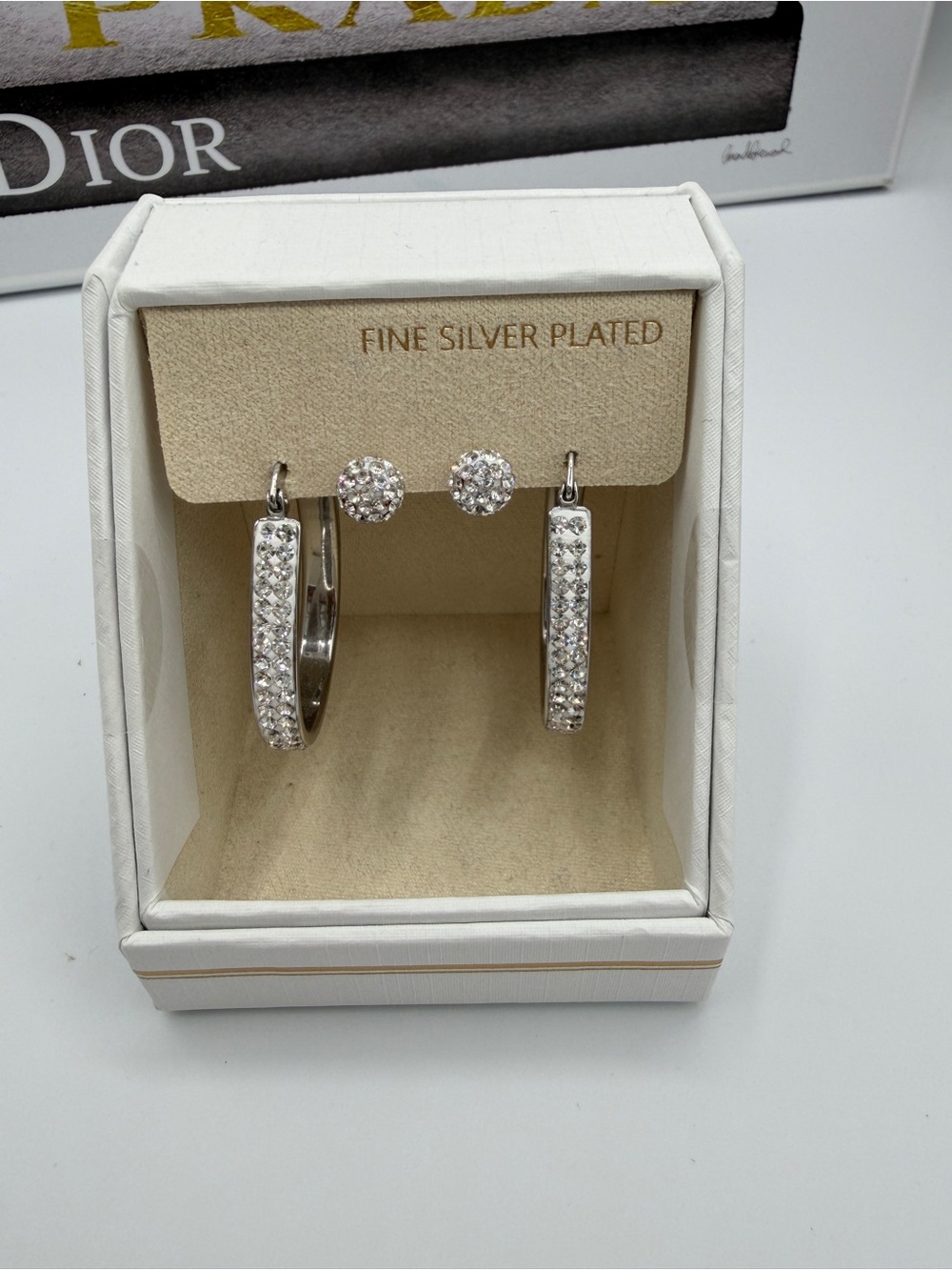 Fine Silver Plated NWT Crystal Hoop and Stud Earring Set - Silver